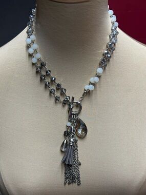 Premier Designs White Silver Beaded Tassel Pendant Necklace